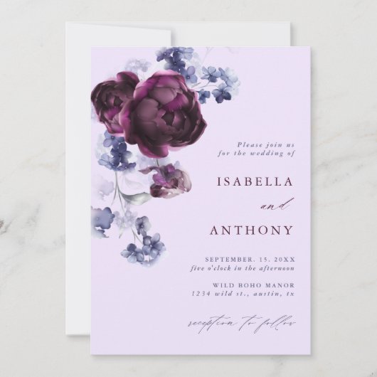 Invitation Plum violet & Indigo Bleu Élégant Mariage floral (Devant)