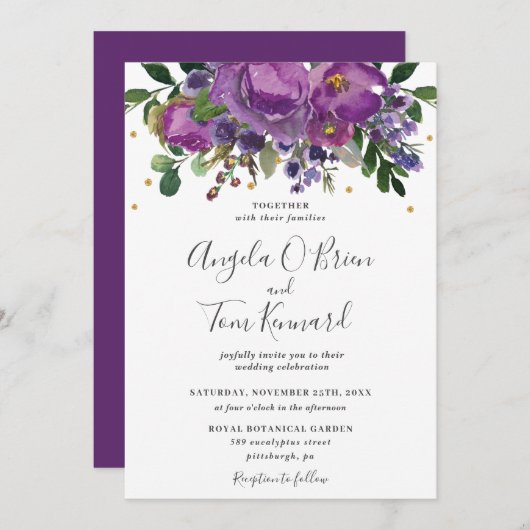 Invitation Plum violet Mariage de verdure fleurie (Devant / Derrière)