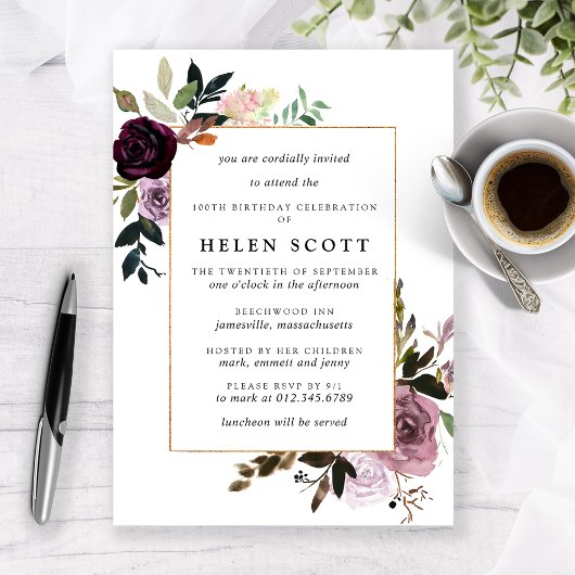Invitation Plum violet mauve rose floral 100e anniversaire