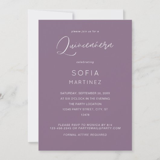 Invitation Plum violet MOD Calligraphie Quinceanera (Devant)