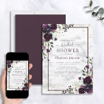 Invitation Plum violet or Aquarelle Fête des mariées en marbr<br><div class="desc">Créez l'invitation parfaite à la douche nuptiale avec ce design branché avec des éléments botaniques fleuris de prune et d'eucalyptus, des éléments de coin de poussière en faux or, cadre pourpre prune et arrière - plan en marbre faux carrera. Parfait pour l'automne et l'hiver. Copyright Invitations élégants, tous droits réservés....</div>