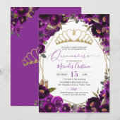 Invitation Plum violet or Aquarelle Florale Quinceañera (Devant / Derrière)