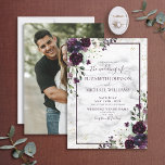 Invitation Plum violet or Aquarelle marbre Mariage photo<br><div class="desc">Créez la faire-part de mariage parfaite avec ce design tendance avec des éléments botaniques floraux prune violette et eucalyptus, des éléments de coin de poussière d'or faux, cadre violet prune et arrière - plan de marbre imitation carrera. Le verso de l'invitation présente votre photo fiançailles préférée. Parfait pour les mariages...</div>