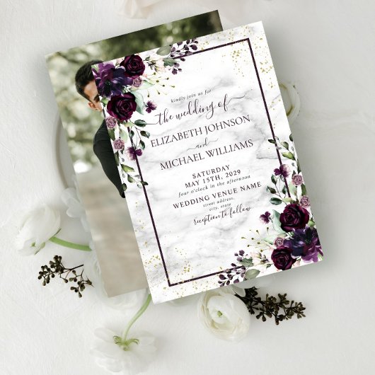 Invitation Plum violet or Aquarelle marbre Mariage photo