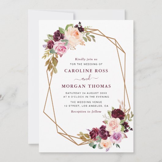 Invitation Plum violet & pêche mariage géométrique fleuri (Devant)