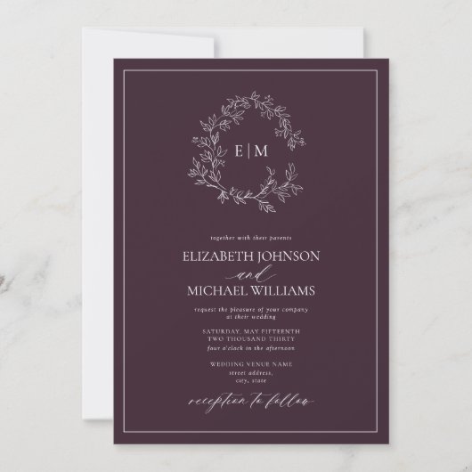 Invitation Plum violet poitrine feuillue Monogramme Mariage p (Devant)