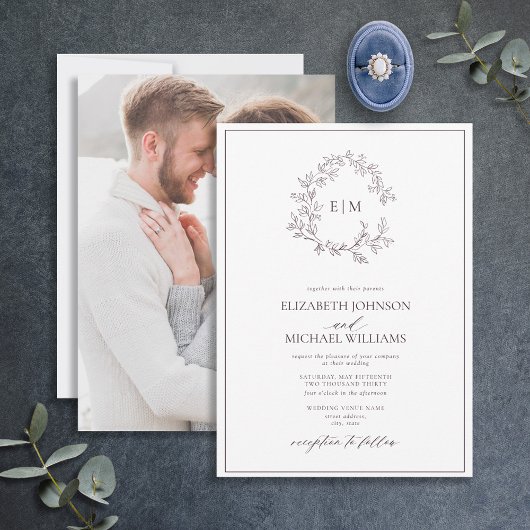 Invitation Plum violet poitrine feuillue Monogramme Mariage p