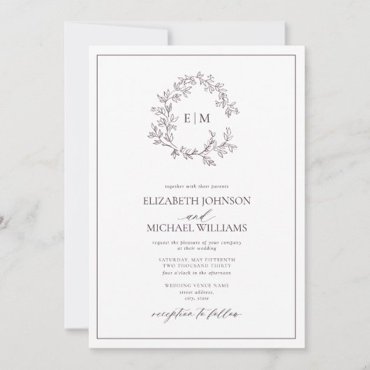 Invitation Plum violet poitrine feuillue Monogramme Mariage p (Devant)
