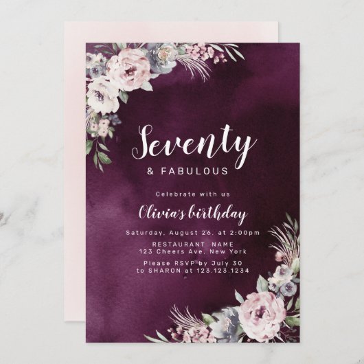 Invitation Plum violet & rose bouho poussiéreux fleuri 70e an (Devant / Derrière)