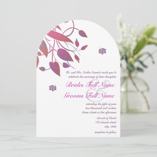 Invitation Plum violet rose corail gris papillon Mariage (Debout devant)