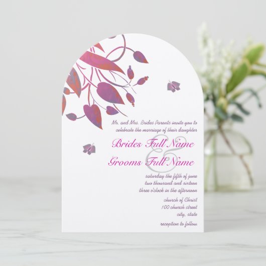 Invitation Plum violet rose corail gris papillon Mariage (Debout devant)