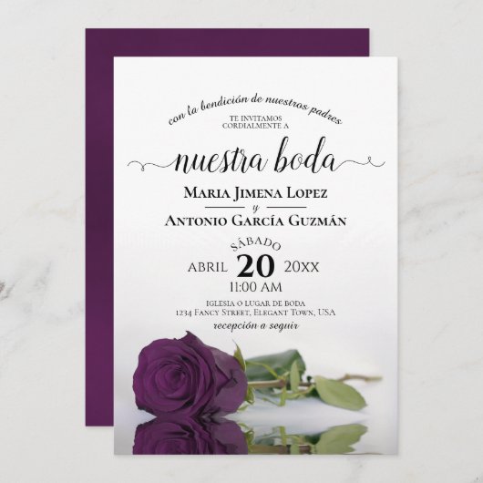 Invitation Plum violet Rose espagnol Nuestra Boda Mariage (Devant / Derrière)