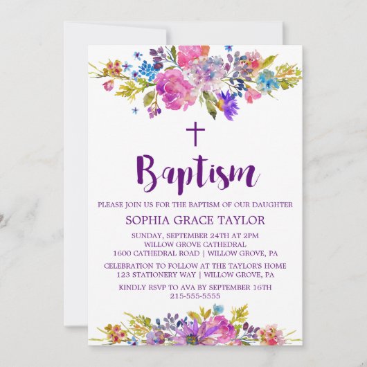 Invitation Plum violet rose et fleurs bleues Baptême (Devant)