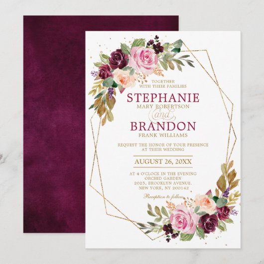 Invitation Plum violet rose pâle Mariage géométrique floral (Devant / Derrière)