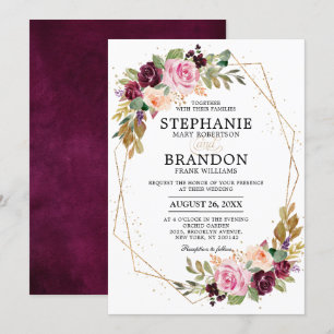Invitation Plum violet rose pâle Mariage géométrique floral