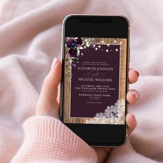 Invitation Plum violet Russe dentelle de bois Mariage Invita