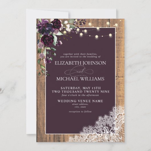 Invitation Plum violet Russe dentelle de bois Mariage Invita (Devant)