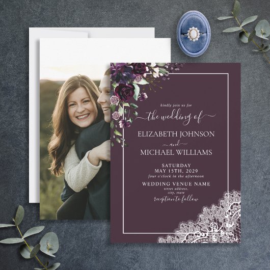 Invitation Plum violet rustique Script dentelle Mariage photo