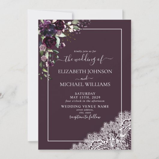 Invitation Plum violet rustique Script dentelle Mariage photo (Devant)