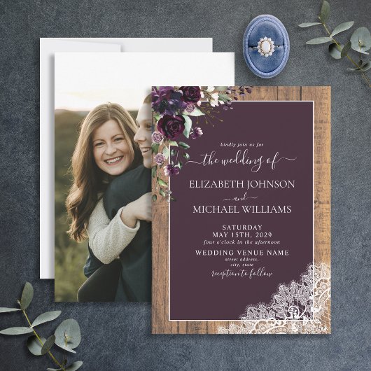 Invitation Plum violet rustique Script Mariage photo