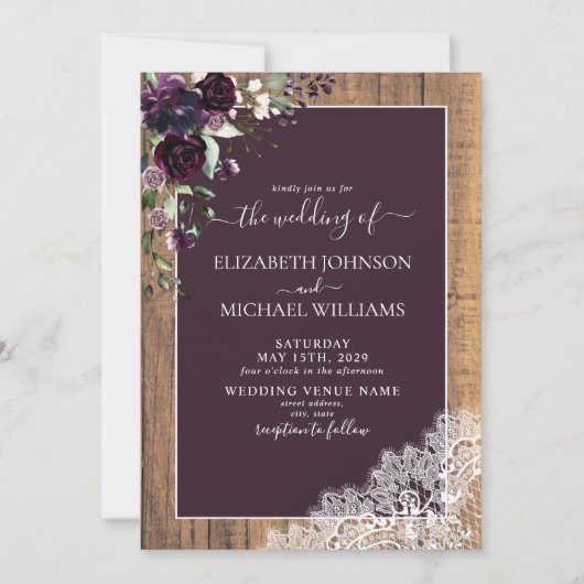 Invitation Plum violet rustique Script Mariage photo (Devant)