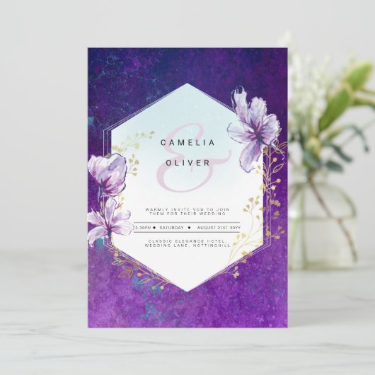 Invitation Plum violet tout-en-1 Mariage floral (Debout devant)