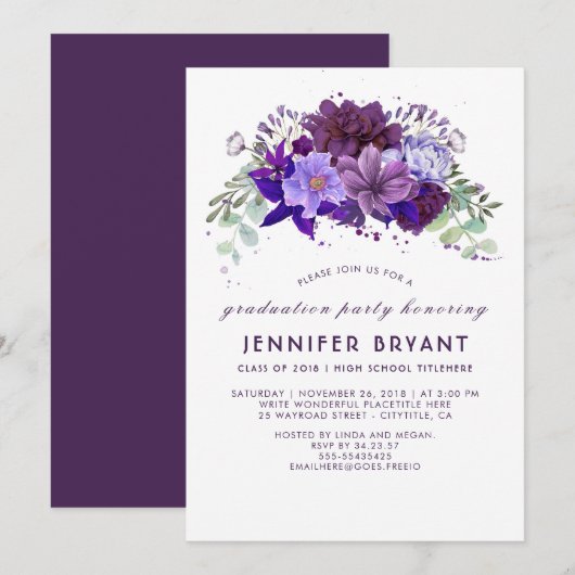 Invitation Plum Violet Violet Floral Élégant Parti de graduat (Devant / Derrière)