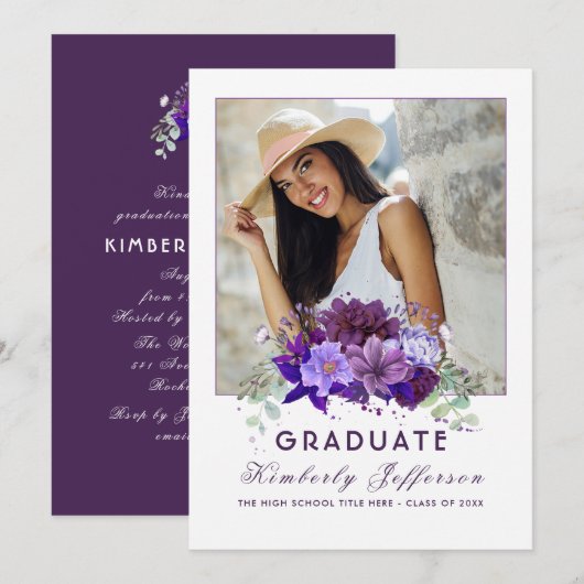 Invitation Plum Violet Violet Floral Photo Graduation (Devant / Derrière)