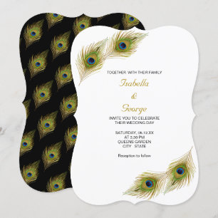 Invitation Plumage de paon chic sur mariage noir et blanc