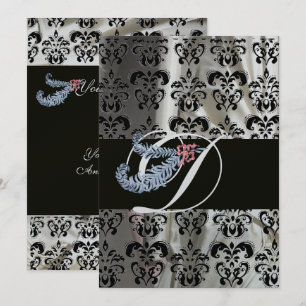 INVITATION PLUME DE DIAMANT EN SOIE NOIRE ET ARGENT DAMASSÉ M