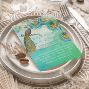 Invitation Plume de paon turquoise bleu vert et cuivre