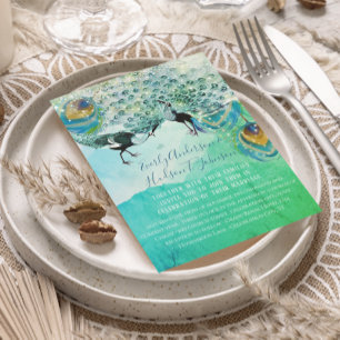Invitation Plume de Paon Turquoise Bleu Vert et Cuivre