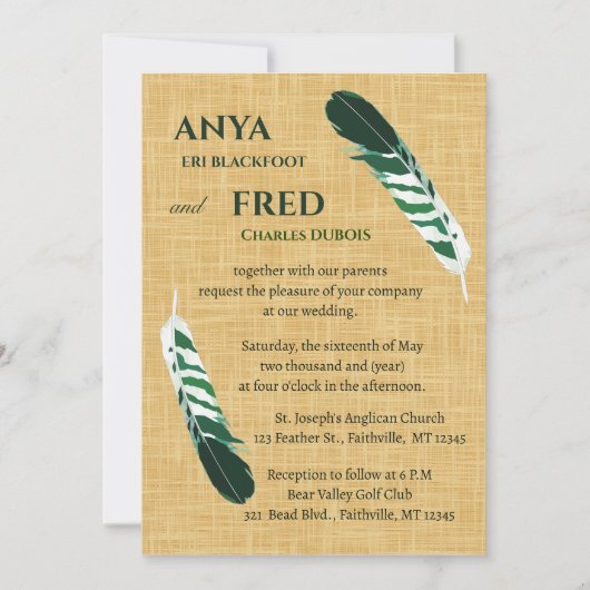 Invitation Plume verte modifiable sur mariage en lin (Devant)