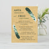 Invitation Plume verte modifiable sur mariage en lin (Debout devant)