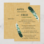 Invitation Plume verte modifiable sur mariage en lin (Devant / Derrière)