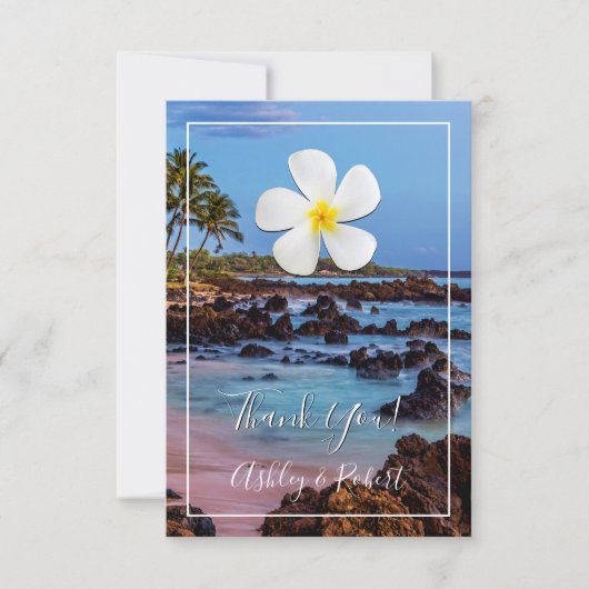 Invitation Plumeria blanche avec plage tropicale, Merci (Devant)