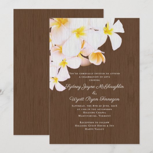 Invitation Plumeria blanche Brown Wood Mariage hawaïen (Devant / Derrière)