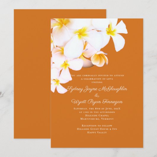 Invitation Plumeria moderne Fleurs hawaïennes Mariage orange (Devant / Derrière)