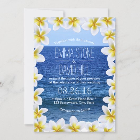 Invitation Plumeria tropicale Cadre floral Vue mer Mariage (Devant)