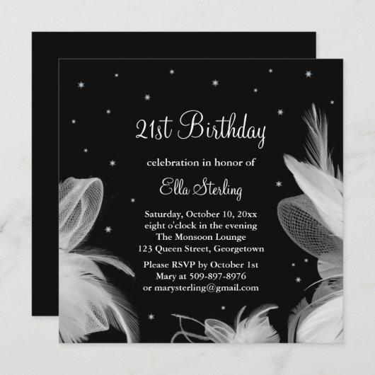 Invitation Plumes blanches dans l'invitation d'anniversaire d (Devant / Derrière)