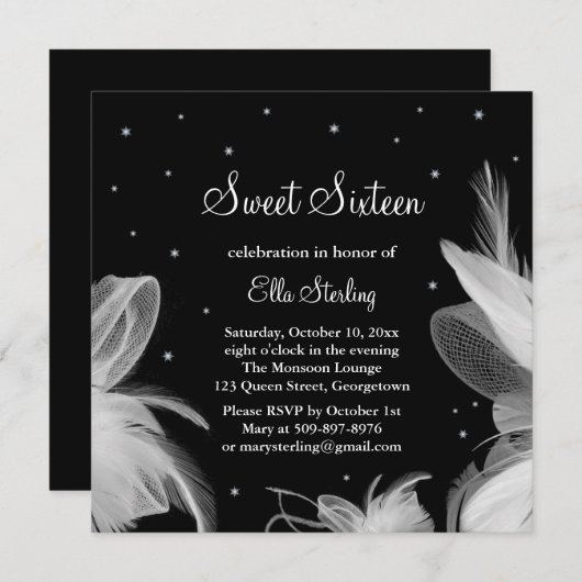 Invitation Plumes blanches dans l'invitation d'anniversaire d (Devant / Derrière)