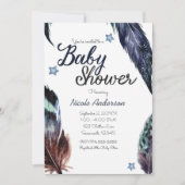 Invitation Plumes bleues Boho Baby shower bohème rustique (Devant)