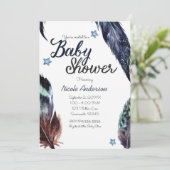 Invitation Plumes bleues Boho Baby shower bohème rustique (Debout devant)