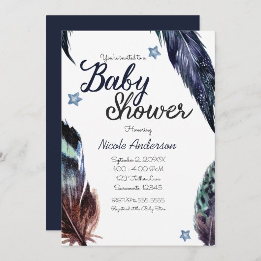 Invitation Plumes bleues Boho Baby shower bohème rustique (Devant / Derrière)