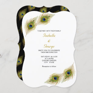 Invitation Plumes chic Peacock sur Mariage noir et blanc