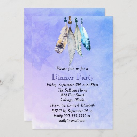 Invitation Plumes d'aquarelle lors du dîner bleu violet (Devant / Derrière)