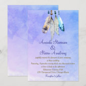 Invitation Plumes d'aquarelle sur mariage violet bleuté (Devant / Derrière)