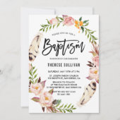 Invitation Plumes de Bohême et couronne de fleurs Baptême ros (Devant)