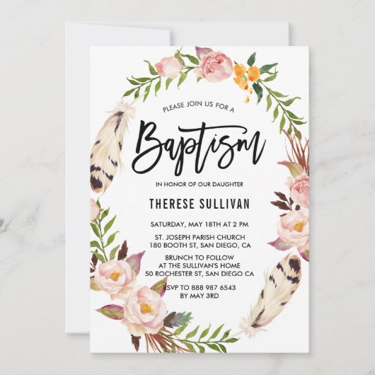 Invitation Plumes de Bohême et couronne de fleurs Baptême ros (Devant)