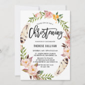 Invitation Plumes de Bohême et couronne de fleurs rose Christ (Devant)